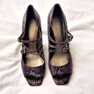NINE WEST Black Gray White Snakeskin Strappy Peep Toe Pumps Heels Sz 8 NWOT